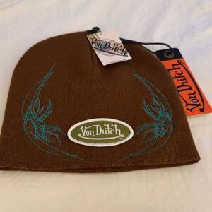 Von Dutch Brown Beanie with Teal Embroidered Accents